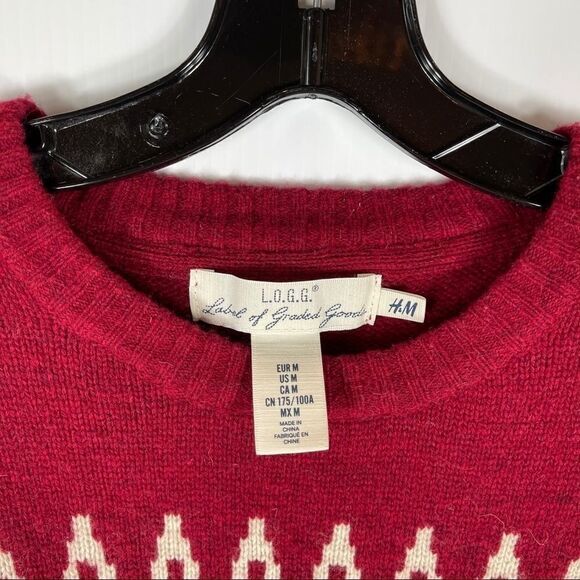 H&M Sweater Men's Size M Red & White Nordic Wool Blend Crew Neck LOGG - Picture 2 of 9